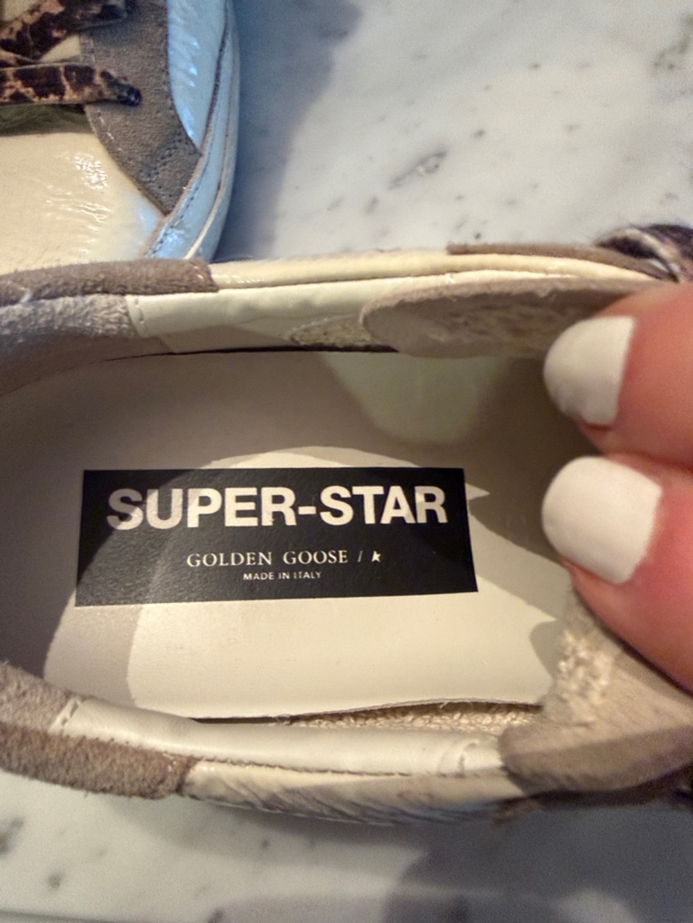 Golden Goose White Sneakers with Taupe Suede and Leopard Laces - Picture 3 of 5